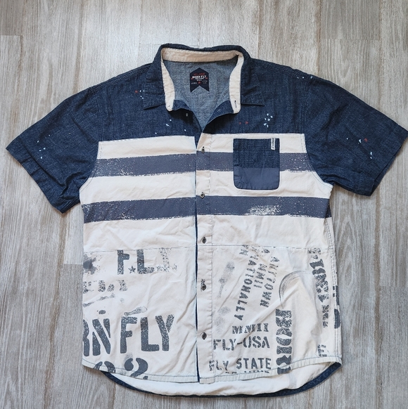 Born Fly Other - Born Fly Blue White Stripe Button Down Short Sleeve Large Logo 100% Cotton 3XL